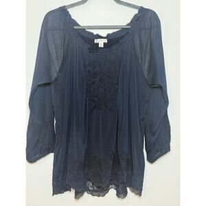 Ellane Rose Bohemian Embroidered Blouse with sheer Sleeves Size L‎